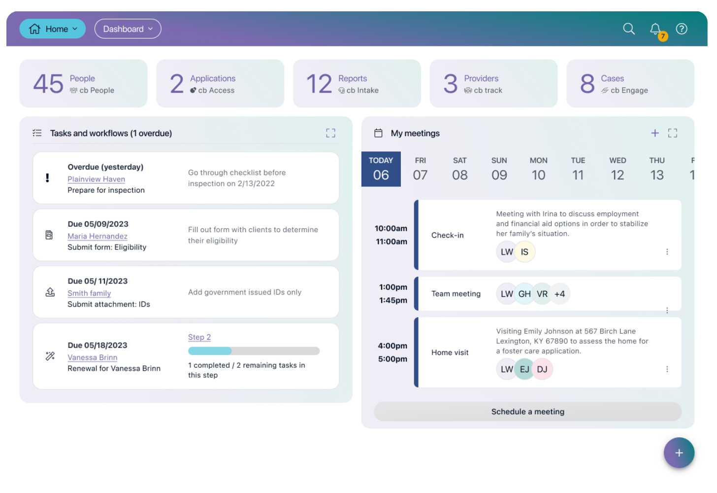 casebook human services software dashboard home screen