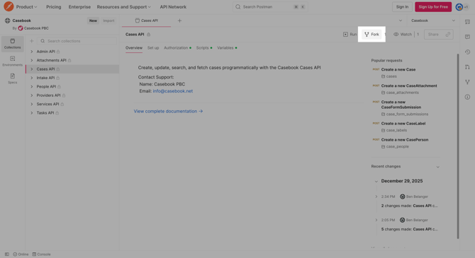 Screenshot of Postman application with "Fork" button highlighted