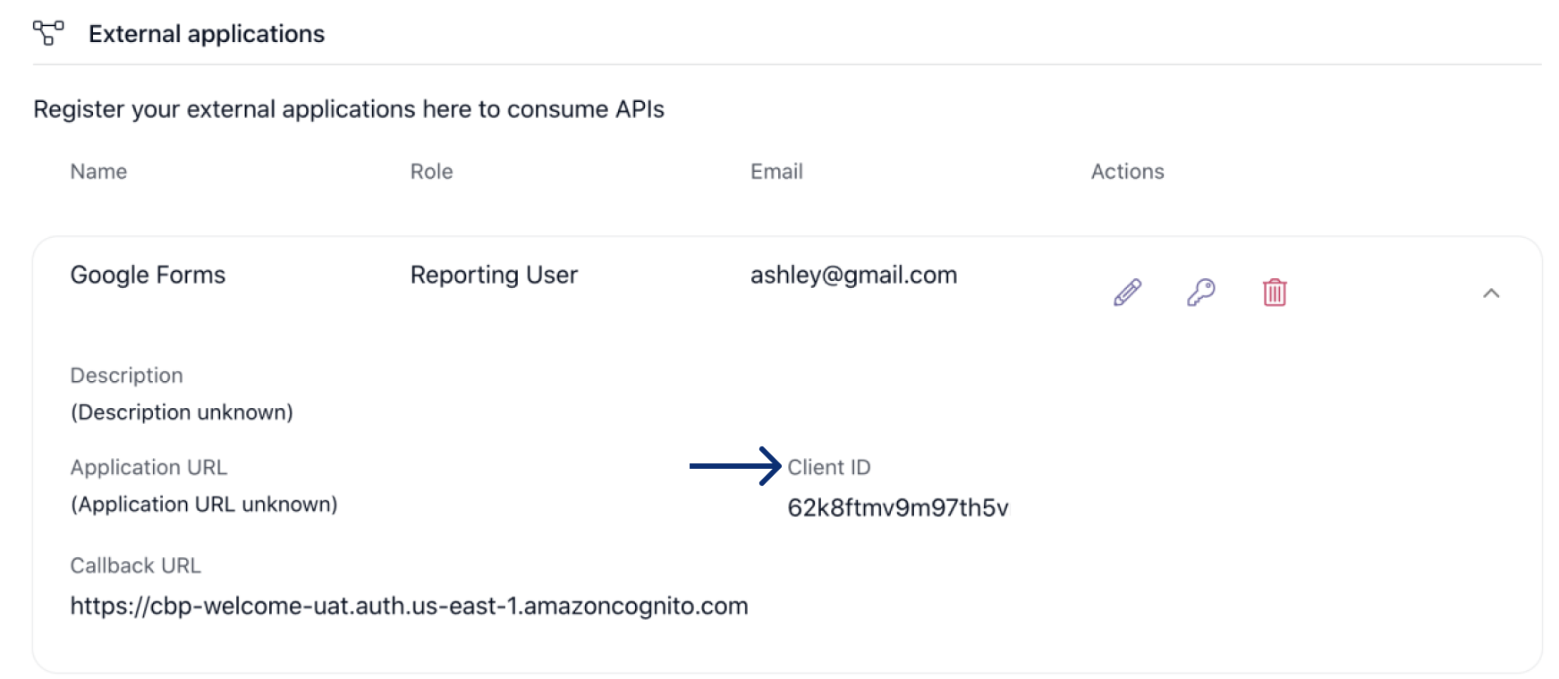 Expanded View to Show Client ID, as well as, Description, Application URL, and Callback URL