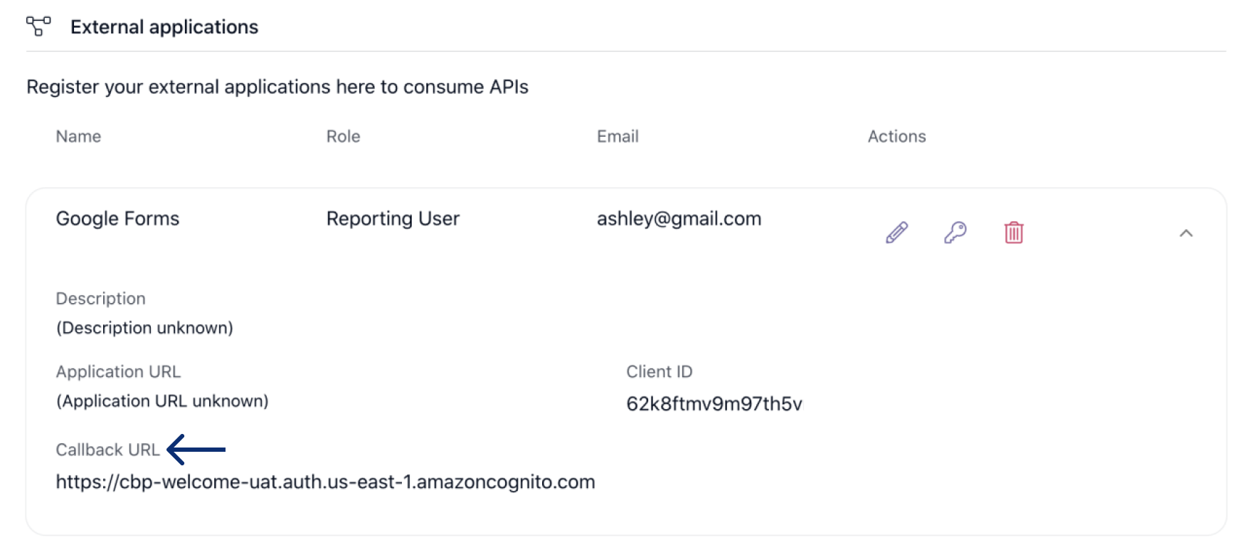 Expanded view for Callback URL, as well as, Description, Application URL and Client ID